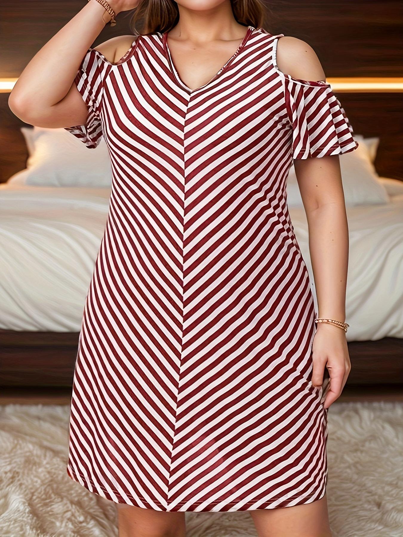 2025 Summer Women s Plus Size Off-the-Shoulder Striped Casual Dress 4XL