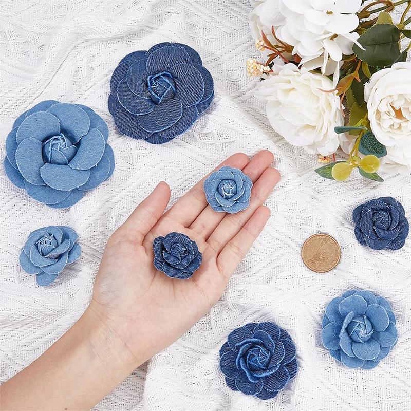 3/5Pcs 3.5/4.5/5/7/7.5CM Denim Artificial Blue Fabric Camellia Flower for Wedding Decor Women Handmade Cloth Corsage Accessory