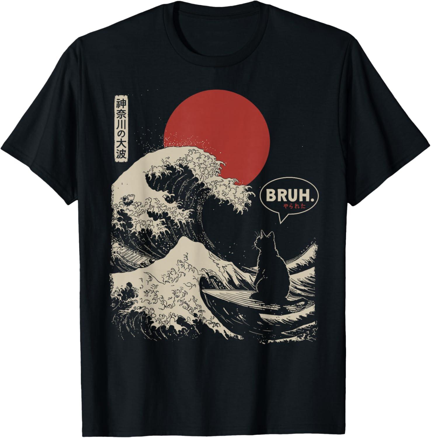 

Men s The Great Wave Inspired Cat & Red Sun Print Tee, Japanese Art Style Casual T-Shirt L чёрный