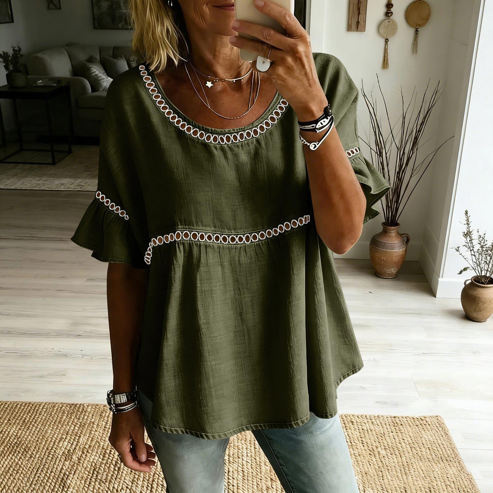 

Women Loose Fit Short Sleeve Blouse Round Neck Ruffle Hem Casual Vacation Top Lightweight Comfortable Summer Shirt L