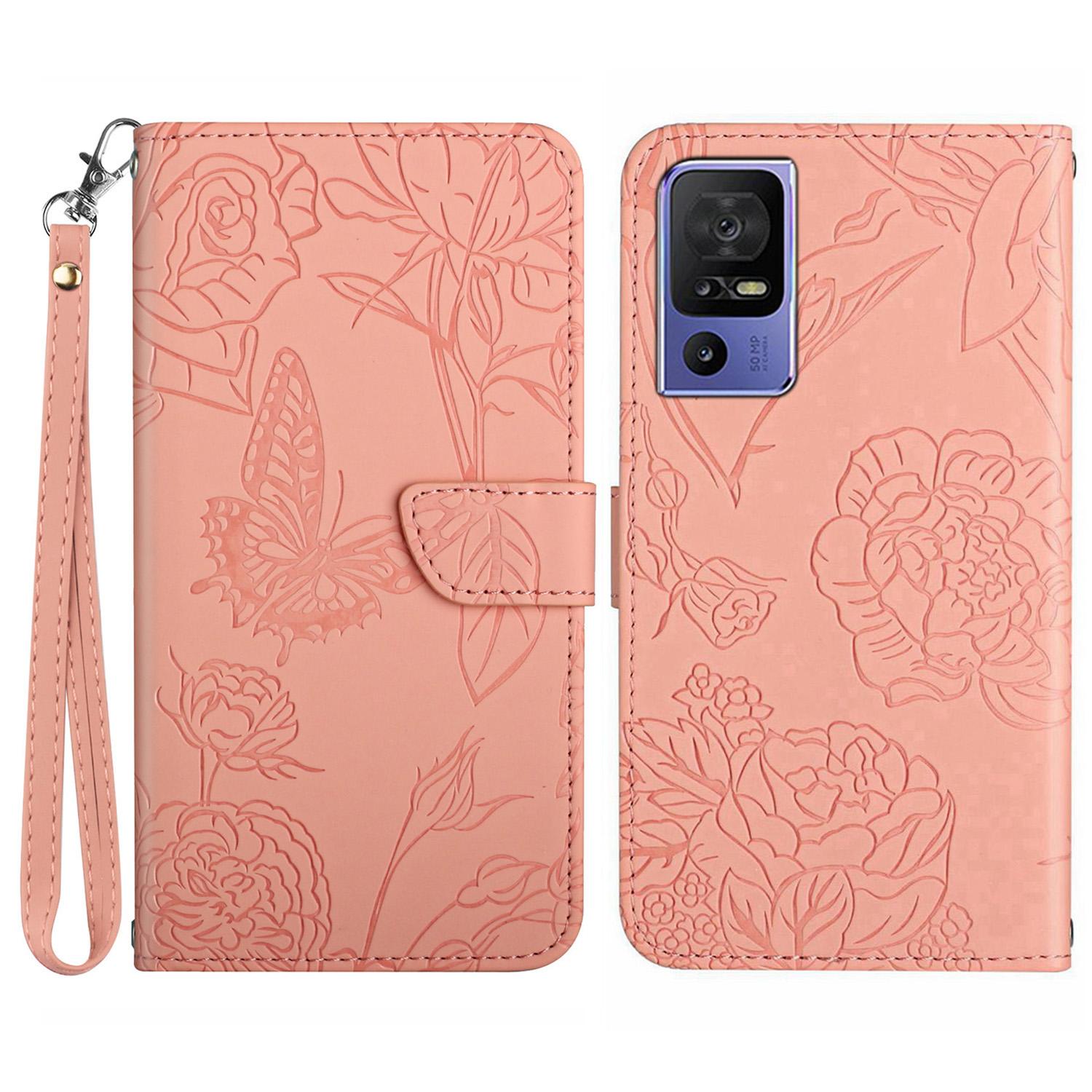 

HT03 For TCL 40 SE Comfortable Skin-touch Feeling Stand Leather Phone Case Imprinted Butterfly Flowers Pattern Cover with Strap Pink