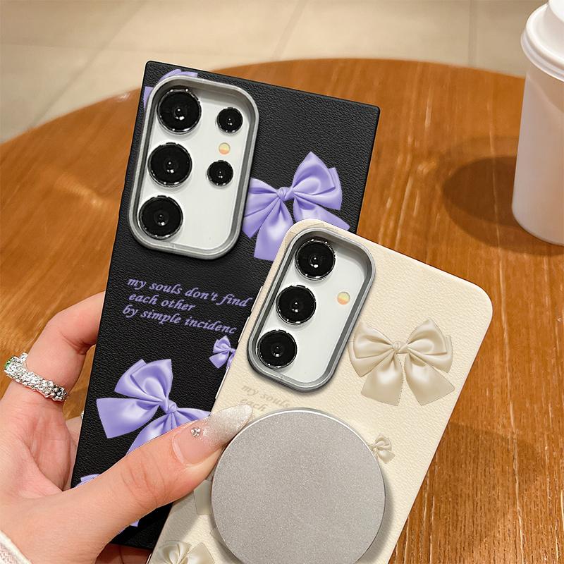 Bowknot Print TPU Soft Leather Texture Magnetic Case For Samsung S25 S24 FE S23 Ultra S22 S21 Wireless Charge Matte Shockproof Slim Phone Cover