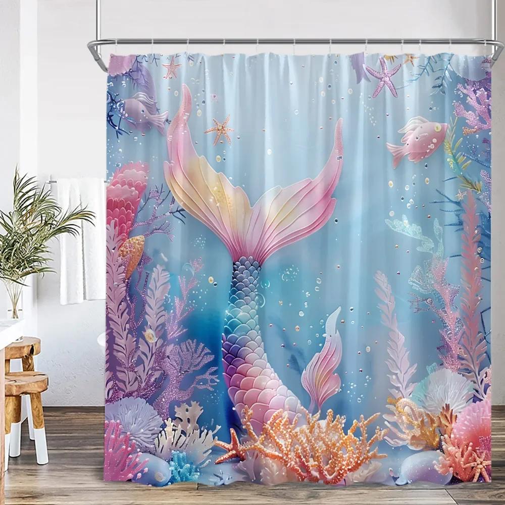

Розовая шторка для душа Русалка Шторка для ванны для девочек Детская ванная комната Подводная Океанская тема Украшение для ванны с крючком W150xH180cm