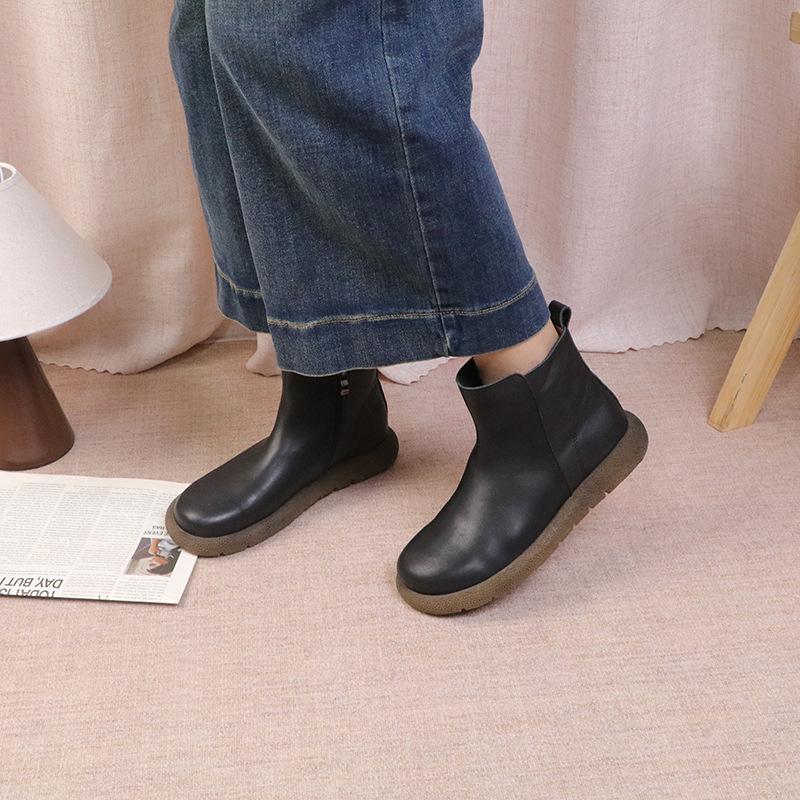 Johnature Genuine Leather Women's Short Boots Retro Side Zipper Round Toe Flat Chelsea Boots