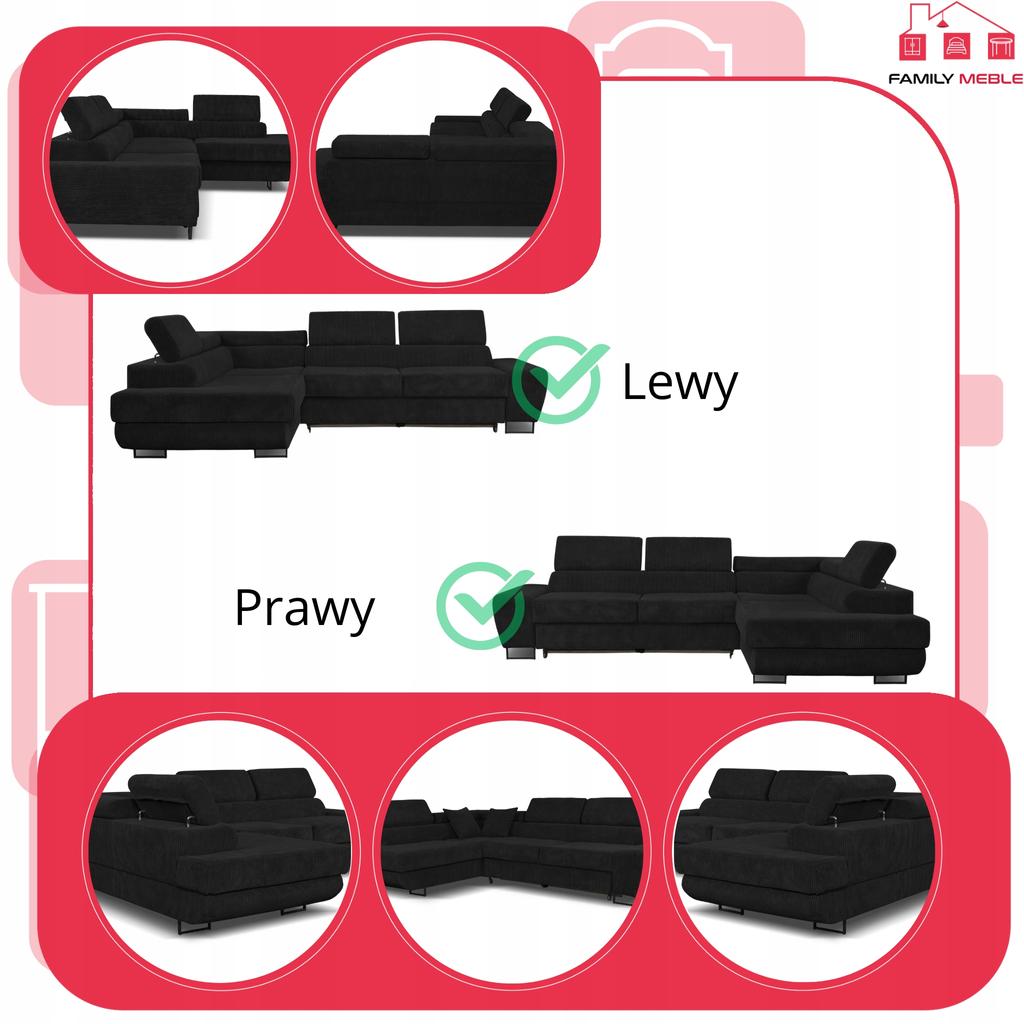 Corner Sofa, Foldable, F, Sleeping, Savio, Left, Family Furniture, Black, Corduroy