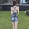 Women's Summer Grid Halter Neck Sleeveless Backless Bodycon Dress