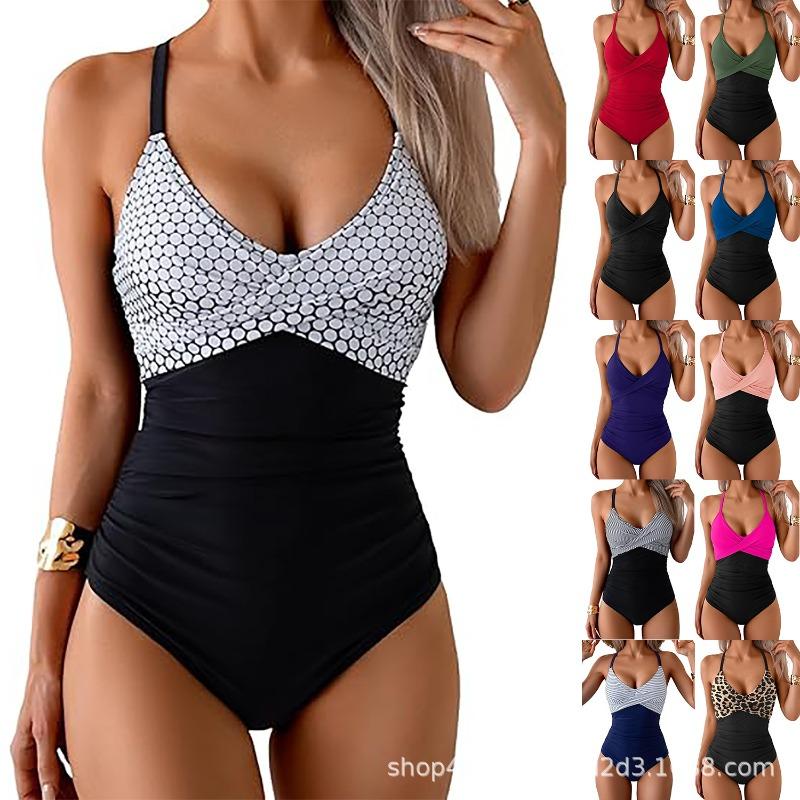 Swimsuit Women's One-piece European and American Screw Bag Tight Cross Explosion Color Matching Swimsuit Women Bijini