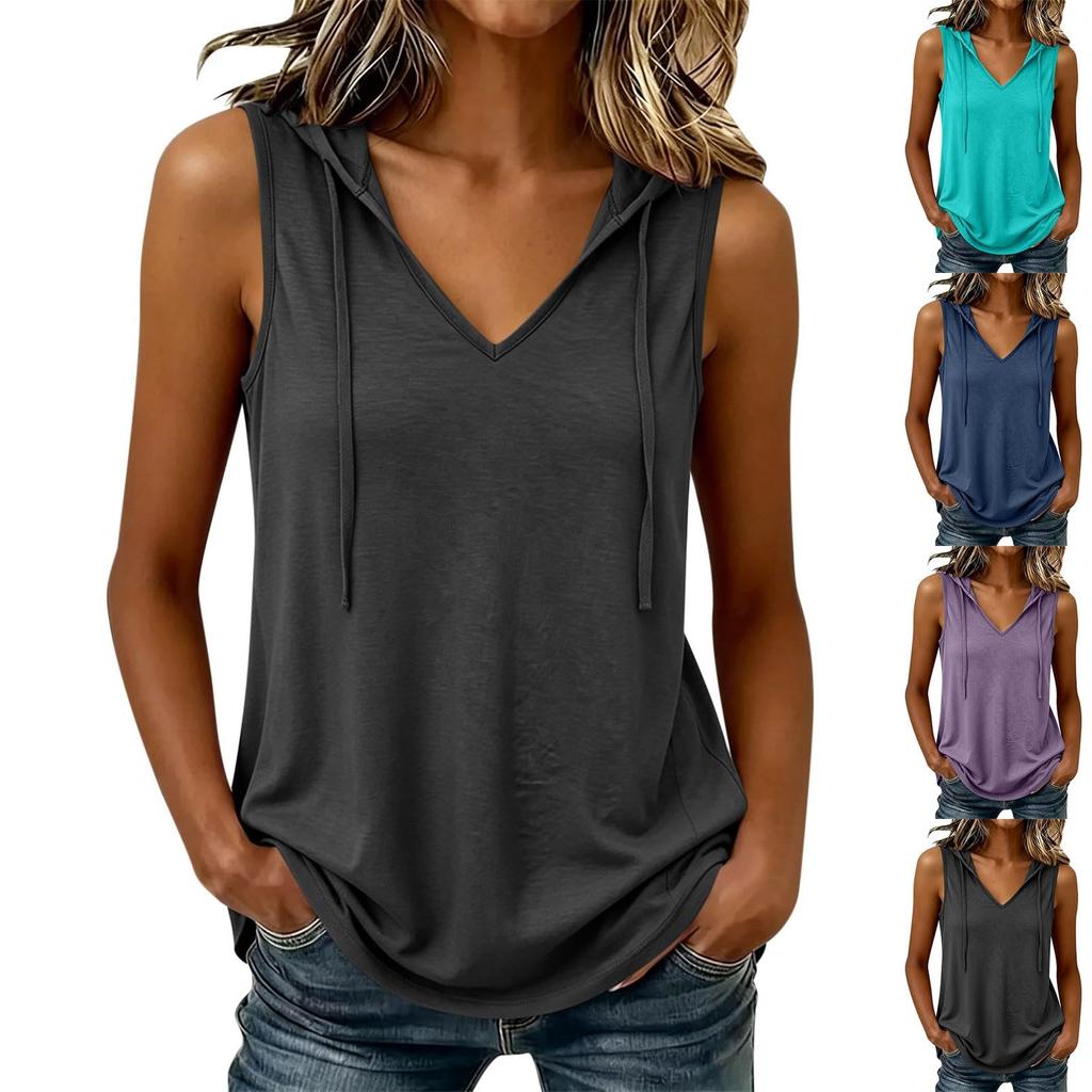 Womens Sleeveless Hoodie Top V Neck Casual Lightweight Pullover Tank Shirt Summer Fashion Soft Fabric