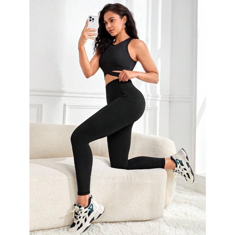 Brushed-effect Side-pocket Leggings Skin-friendly Fitness and Yoga Trousers for Women