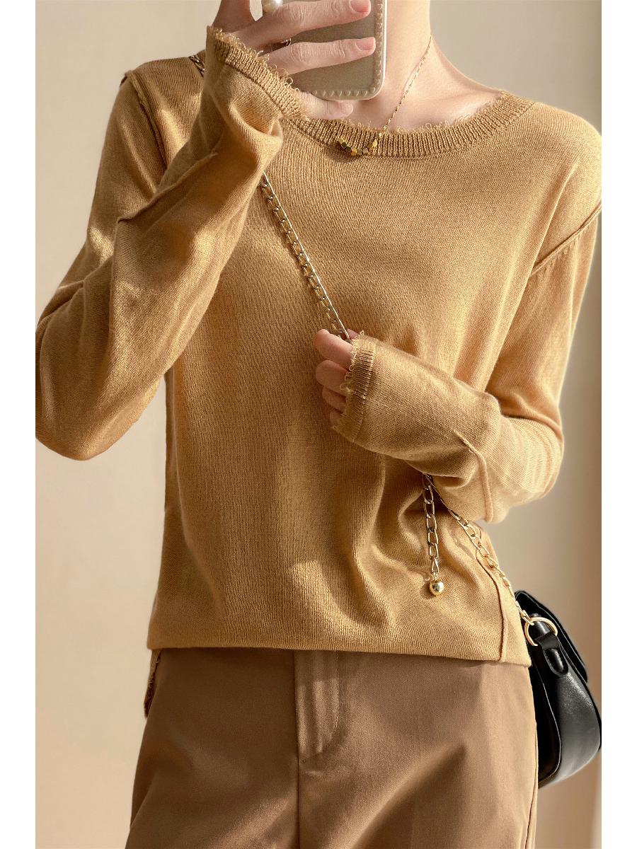 

Женский вязаный свитер с кисточками, весна 2025: Круглый вырез, длинный рукав, свободный крой, прозрачный шелк тутового дерева Large хаки