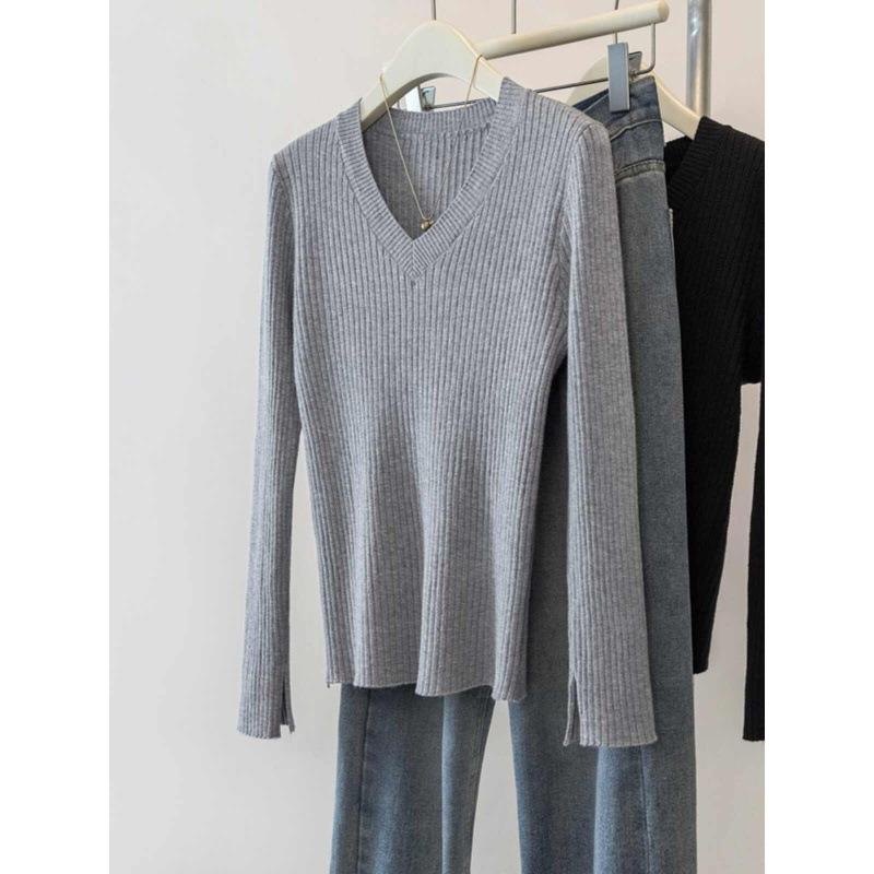 Gray Knitted Sweater Long-sleeved Women's New Spring and Autumn Inner Lining Long-sleeved Thin Top