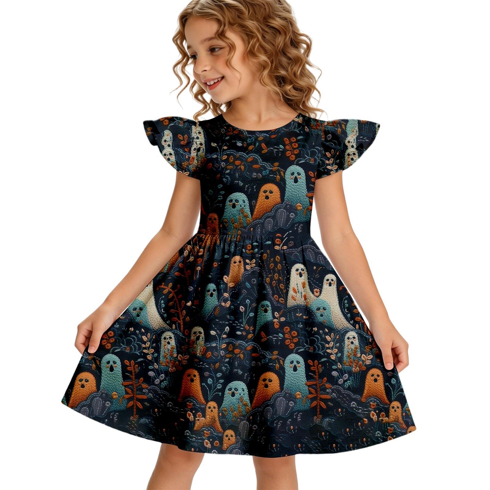Girls Halloween Dress with Ruffle Hem and Sleeves , Round Neck , Yellow , Size 160 for Kids 150