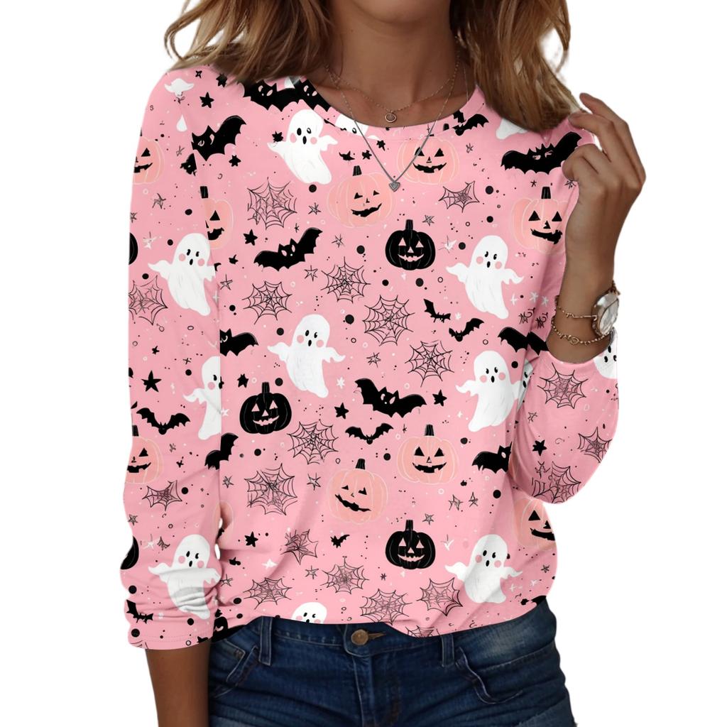 Women's Long Sleeve Casual Pullover Sweatshirt Halloween Ghost Pattern Round Neck Top Lightweight Comfortable Fit