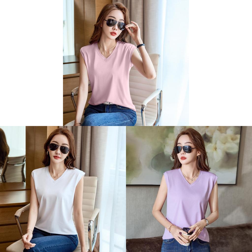 Silk Cotton Sleeveless Vneck T Shirt For Women With Breathable Fabric Summer Casual Wear