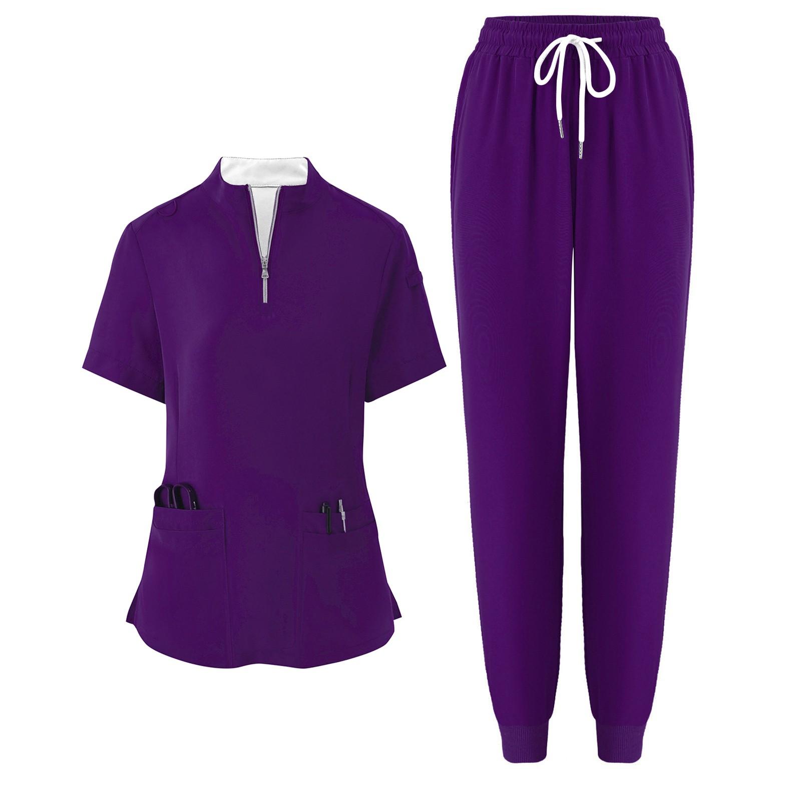 

Ladies Two-piece Set Short Sleeved Color Pocket Top Pants Work Clothes Two-Piece Set M фіолетовий