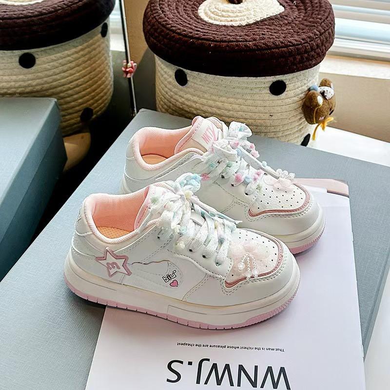 Girls Chunky Sneakers With Floral Print PU Leather Casual Shoes Kids Ages 4-12 Rubber Sole