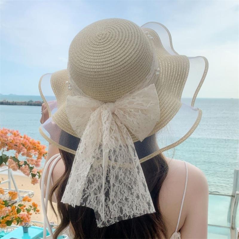Summer French Big Brim Sun Hat Women's Fashion Ins Seaside Sun Protection Straw Hat Pastoral Pearl Face Small Sun Hat