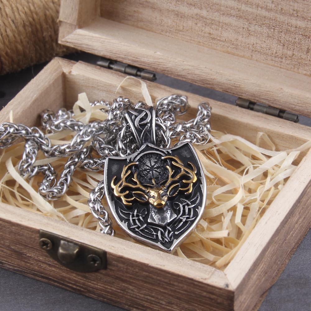 Viking nerezová ocel hlava jelena štít Vegvisir náhrdelník pánský Odin přívěsek šperk s krabičkou