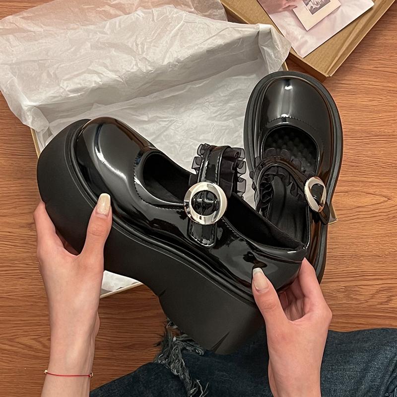 

Fashion Slope Heel Shoes Spring New Style Round Head Shallow Mouth Metal Buckle Line with Waterproof Platform Non-slip Mary Jane Shoes 35 чорний