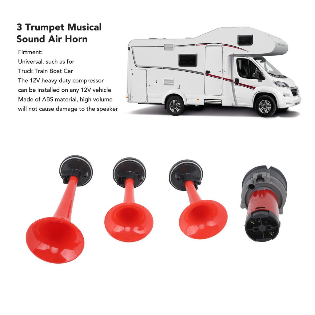 Music Air Horn 3 Trumpet 12V 125db Musical Sound Air Horn with Air Compressor and Hose for Truck Train Boat Car