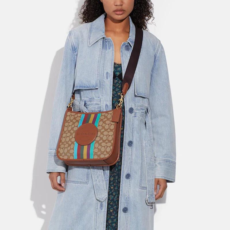 COACH crossbody bag Dempsey 27 classic old flower zipper closure stripe decoration jacquard fabric and exquisite calfskin single shoulder large size