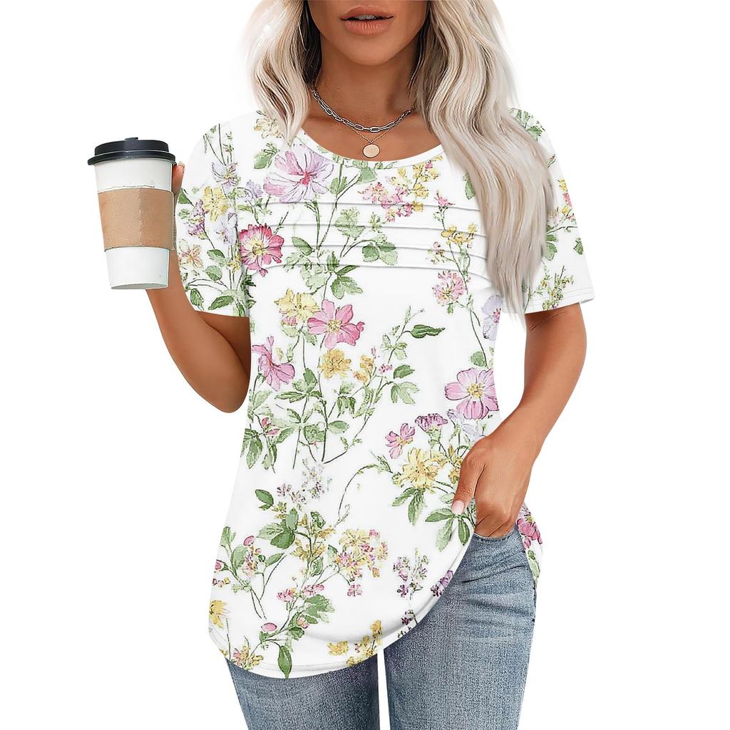 Women's Pleated Round Neck Botanical Print Short Sleeve T-Shirt Top
