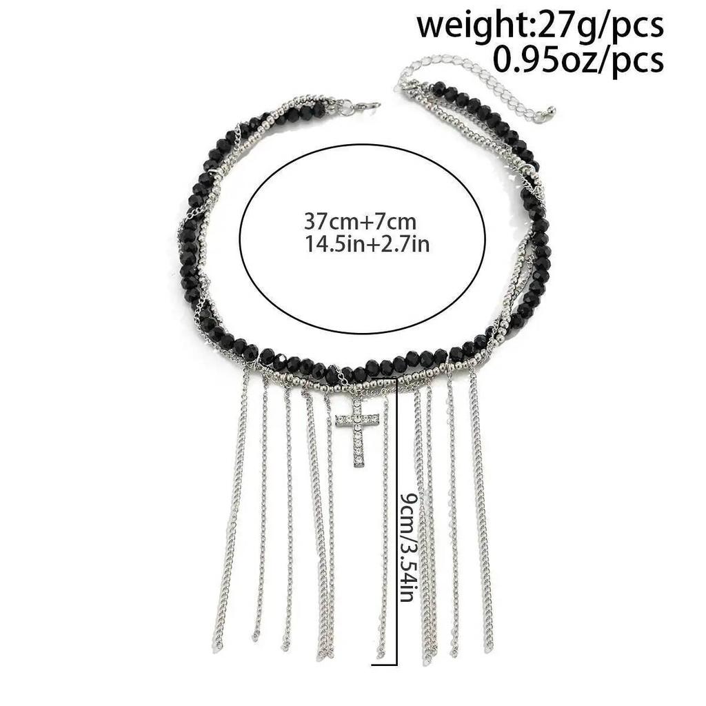 IngeSight.Z New Cross Zircon Bead Necklace Fashion Trend Accessory Cross Glass Tassel Necklace Suitable Women Party Jewelry Gift