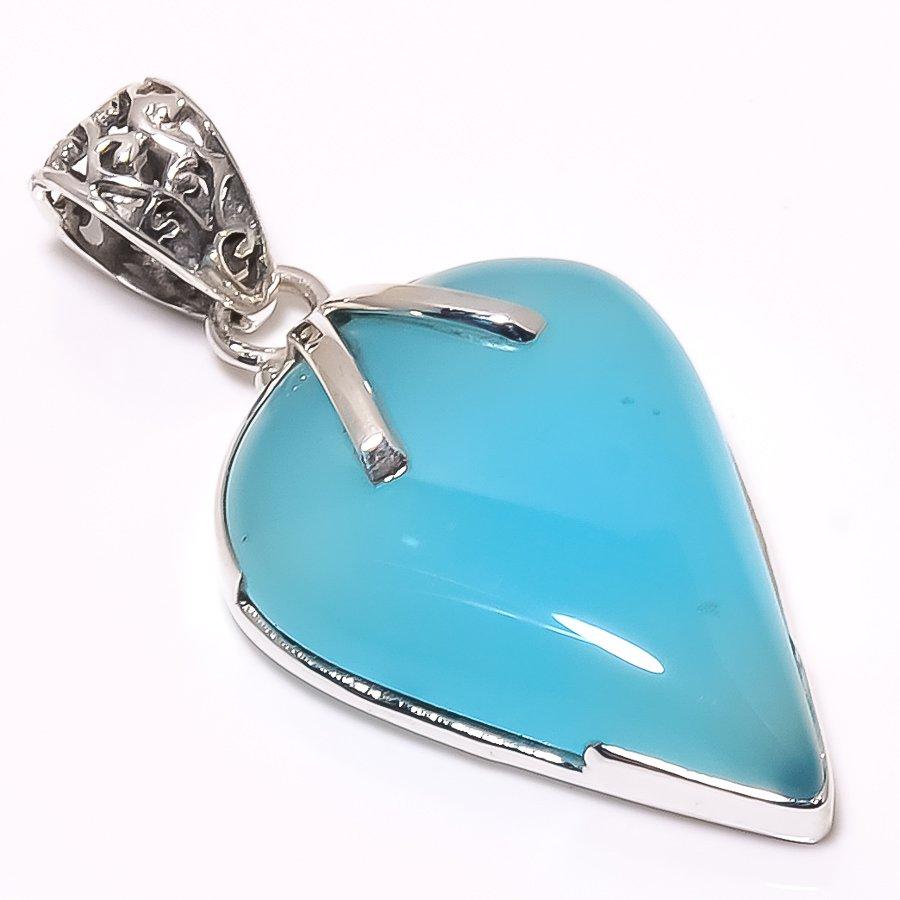 Natural Aqua Chalcedony Gemstone 925 Solid Sterling Silver Pendant 1.77" d7i52