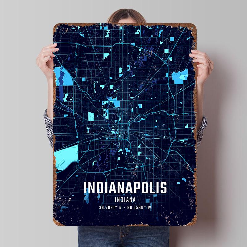

Indianapolis Midnight City Map Metal Poster Customized Wall Art Retro Vintage Tinplate Signs for Gamer Room Decoration At Home 20x30cm（7.8x11.8inch）