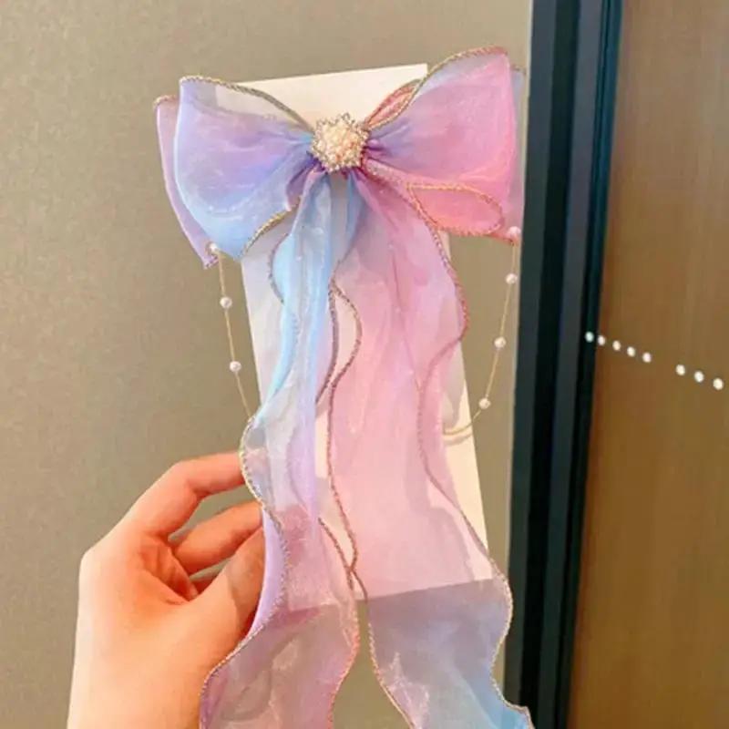 Fashion Hair Accessories New Girls Cute Pearl Colorful Chiffon Bow Ribbon Hairpins Children Sweet Hair Clips For Girls