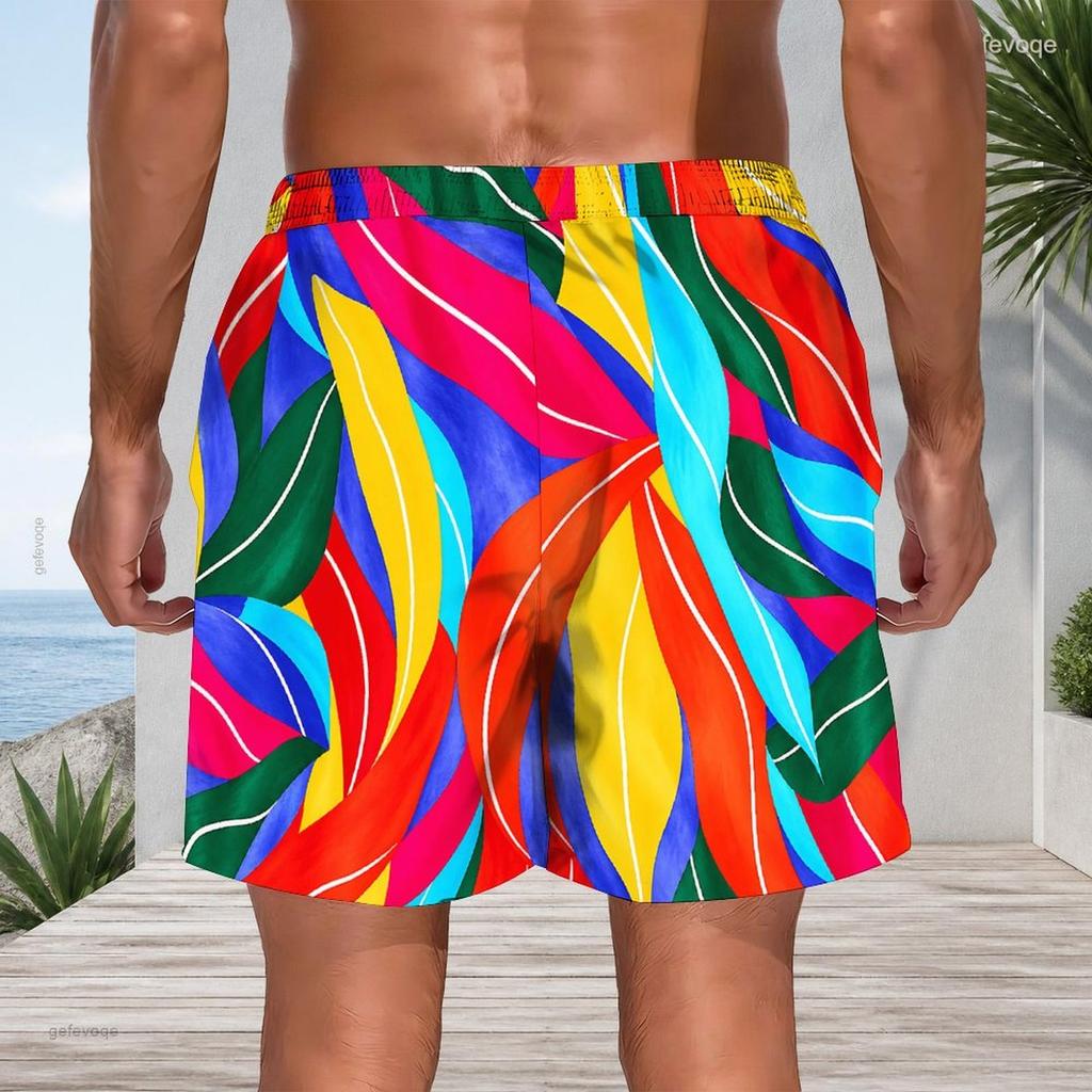 Men Big Size Abstract Marble Print Drawstring Beach Shorts Quick Dry Casual Swim Trunks With Pockets For Summer Holiday Surfing