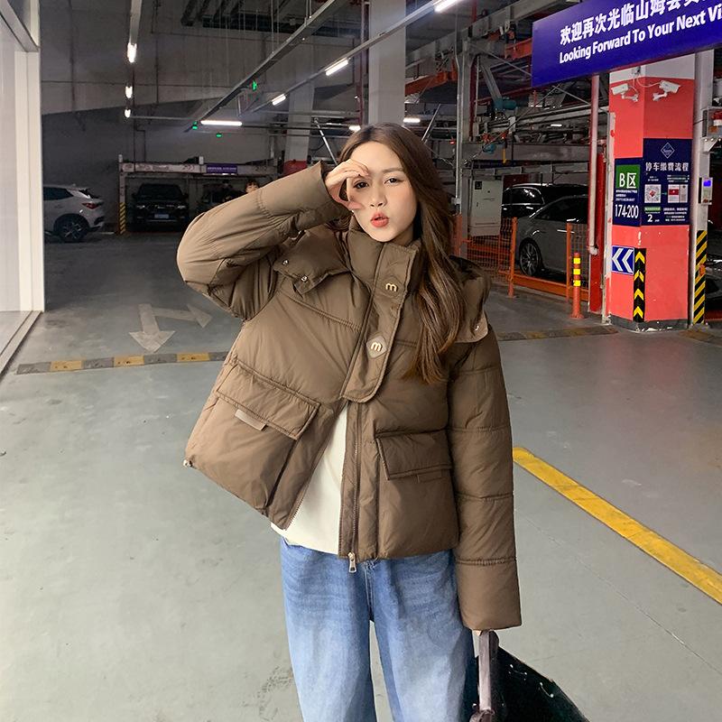 

Padded jacket female winter student new padded jacket loose padded jacket solid color hooded padded jacket XL темно-коричневого