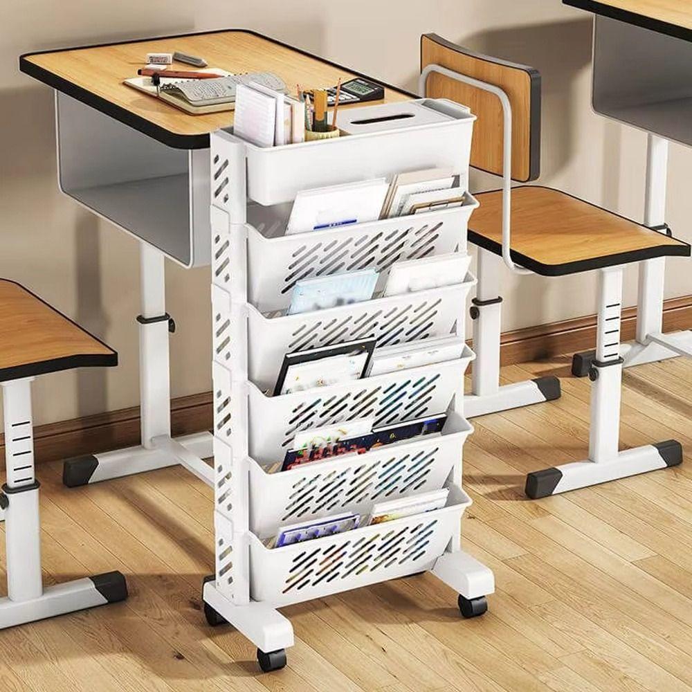 Large Capacity Bookshelf On Wheels Rotatable Book Storage Rack Movable Book Shelf  Student Use