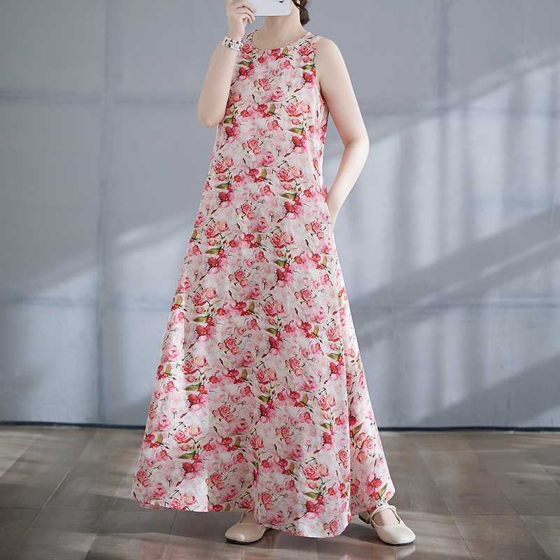 New Long Skirt Summer Sleeveless Round Neck Printed Dress