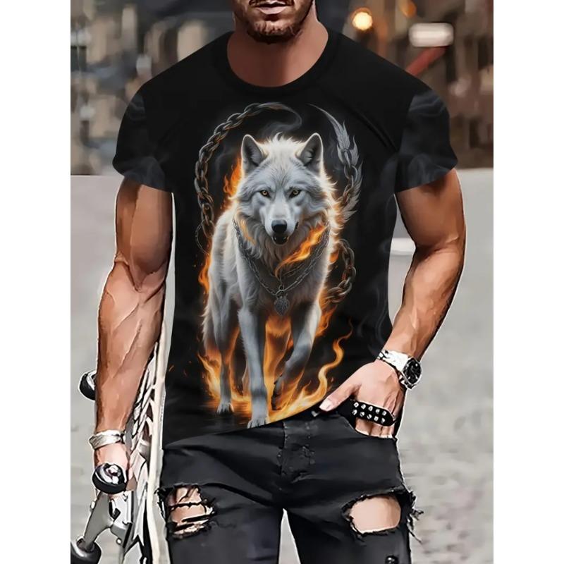 Fire Wolf Graphic 3D Print Men T-Shirt Summer Oversized Causal T-Shiet Men's Fashion Fitness Short Sleeve Clothing Tops Tees