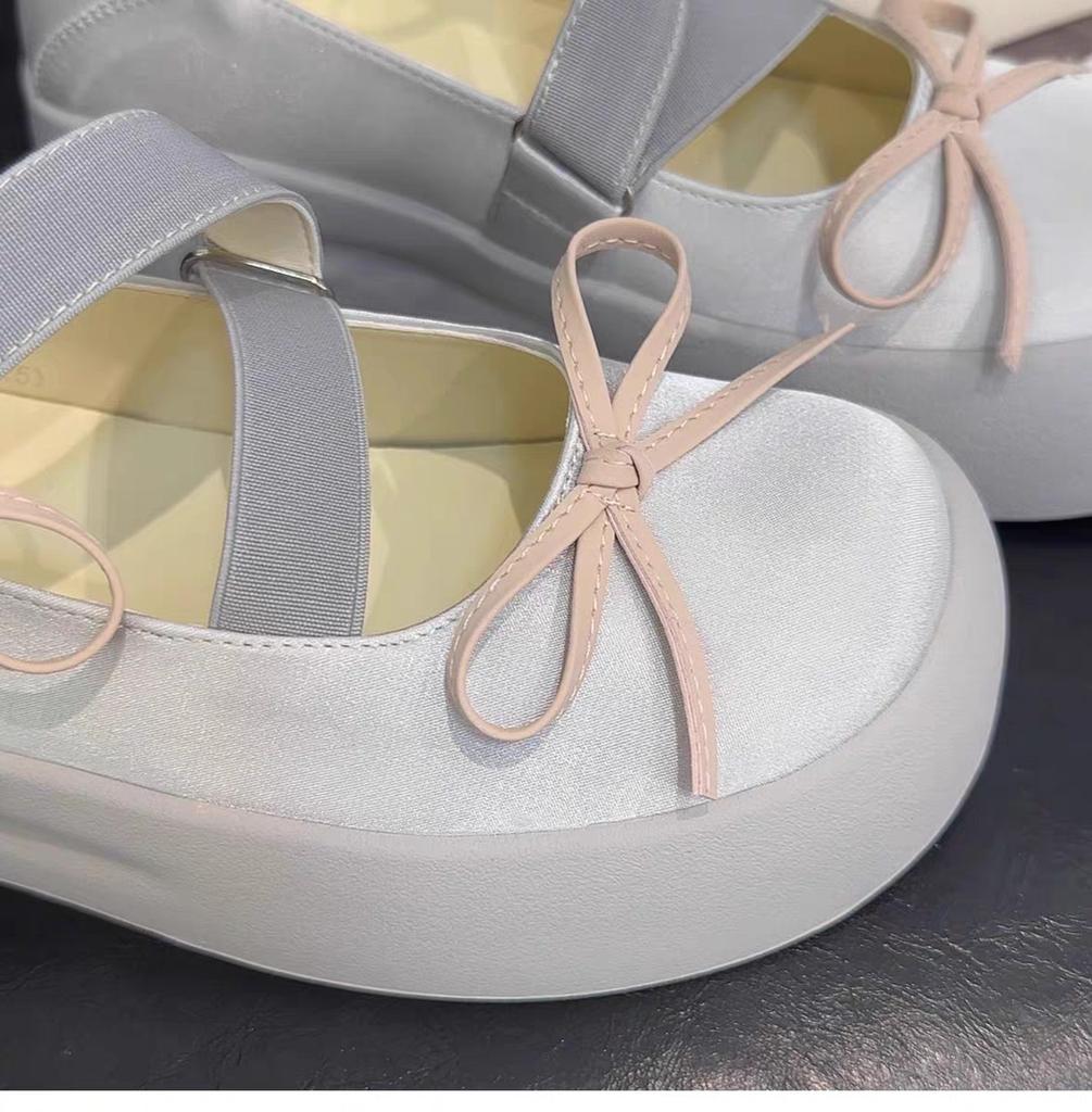 Elastic Band Bowtie Platform Ballet Shoes Women Round Toe Loafers Soft Bottom Chunky Heels Mary Jane Shoes Zapatillas Mujer