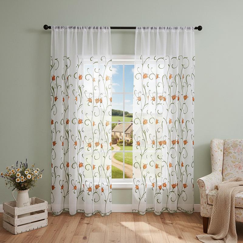 Pastoral Tulip Embroidery Yarn Through Rod Window Screen Finished Curtain Direct Supply