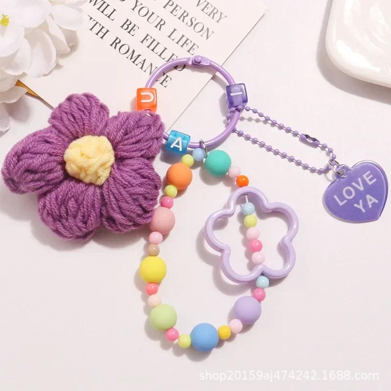 

Cartoon Wool Knitted Flowers Key Chains Beaded Wristlet Lanyard Bracelet Keyring For Women Girl Bag Pendant Charms Keychain Gift фіолетовий
