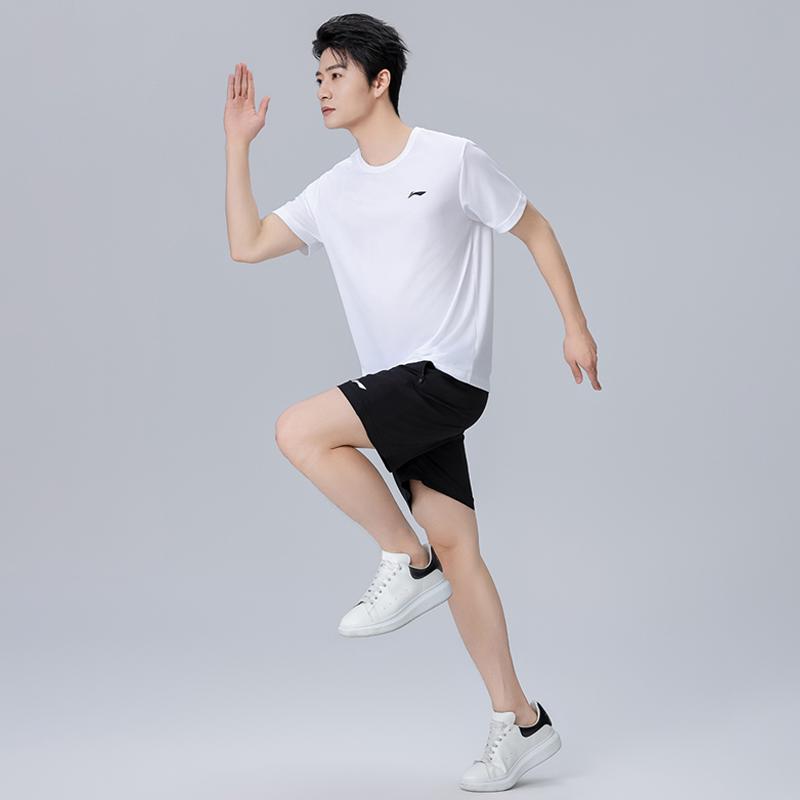 Li Ning Logo Print Round Neck Drop Shoulder Loose Short Sleeve Elastic Waist Shorts Casual Sports Set Men Sets AHSU977-2+AAPU225-1