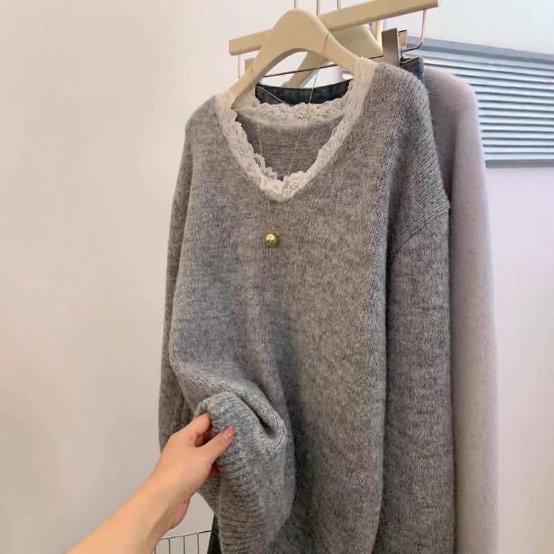 Gray V-neck Pullover Outside Sweater Women's Autumn and Winter New Lazy Wind Thickened Design Top Medium and Long