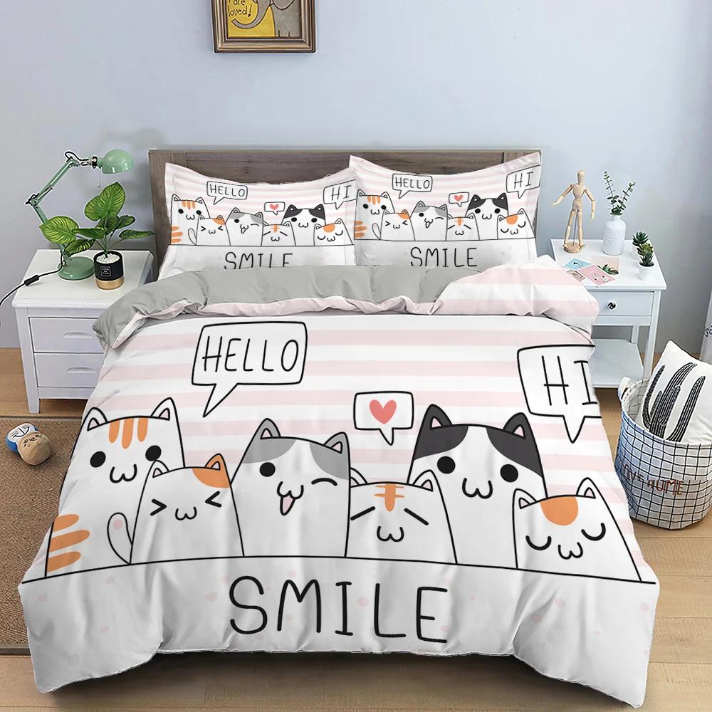 Sevimli Evcil Kediler Yatak Takımı Karikatür Yavru Kedi Baskılı Yorgan Kılıfı Yastık Kılıfı Kız İkiz Tam King Çift Kişilik Polyester Yorgan Kılıfı