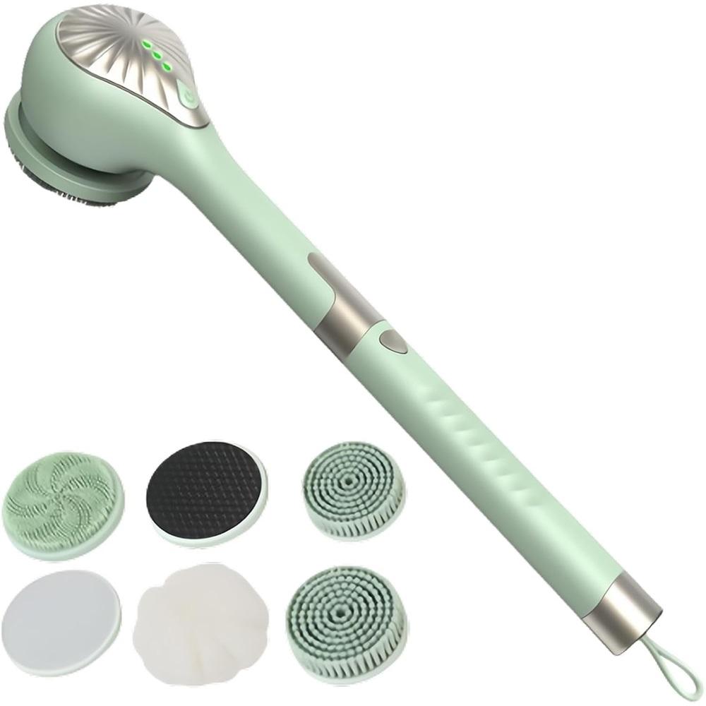 Electric body brush, bath brush, back brush with 6 attachments, long-handled shower brush, IP67 waterproof, three-speed rotating cleaning brush