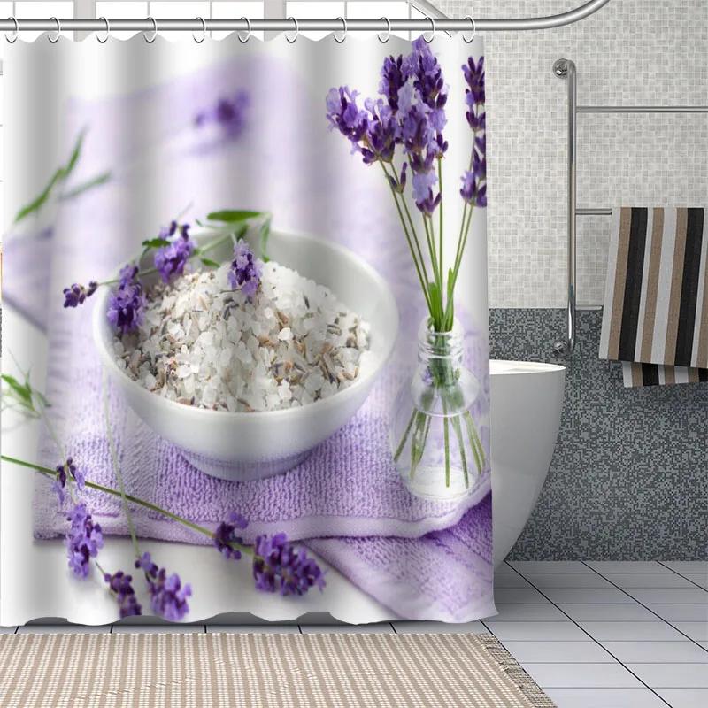 Beautiful Purple Lavender Flowers Shower Curtain Bathroom  Fabric Washable Polyester for Bathtub Art Home Decor with Hook