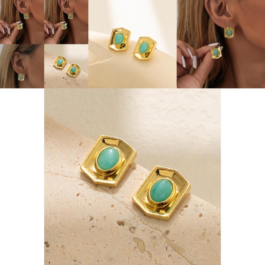 Elegant Rectangular Earrings Womens Gold Plated Geometric Natural Stone Studs