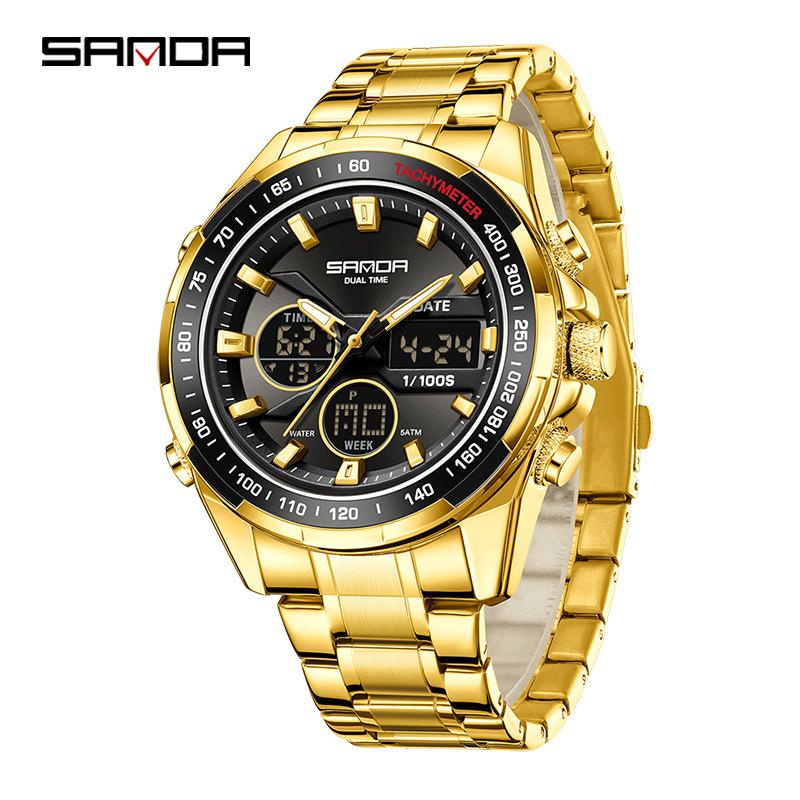 SANDA Stereoscopic Dual Display Watch Men's Steel Band Sunday Date 12/24 Hour 5ATM Waterproof Night Light Alarm Clock