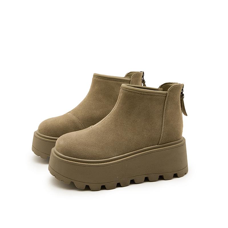 Cattle suede thick-soled short boots women's early autumn matte leather inner height increase women's boots soft leather Martin boots spring thin