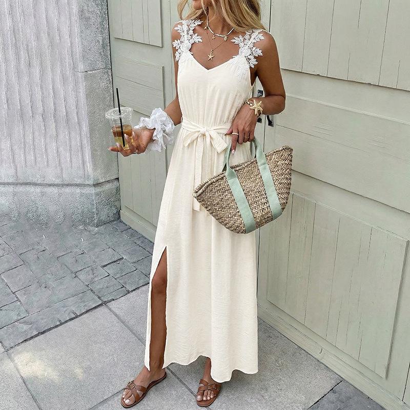 Women's Summer 2026 Floral Spaghetti Strap Maxi Dress with Waist-cinching Lace-up and Split
