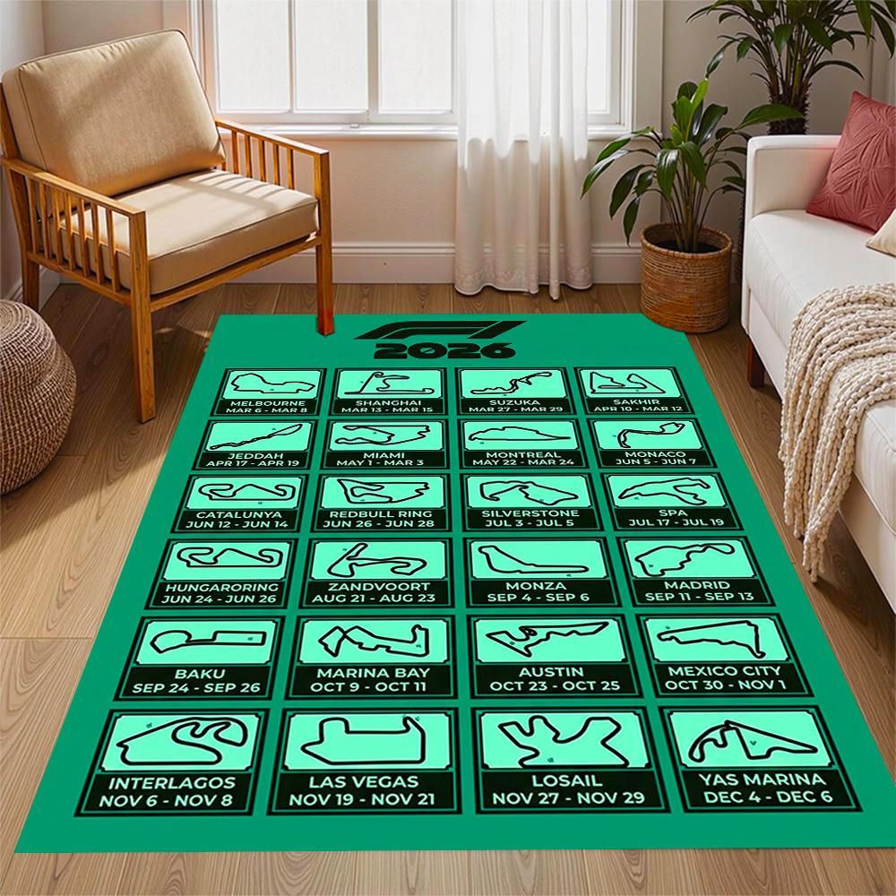 2026 Formula 1 Calendar Themed Anti-Slip Rugs - Polyester Home Decor, Suitable for Bedrooms, Living Rooms, Doorways, Studios, and Decorations