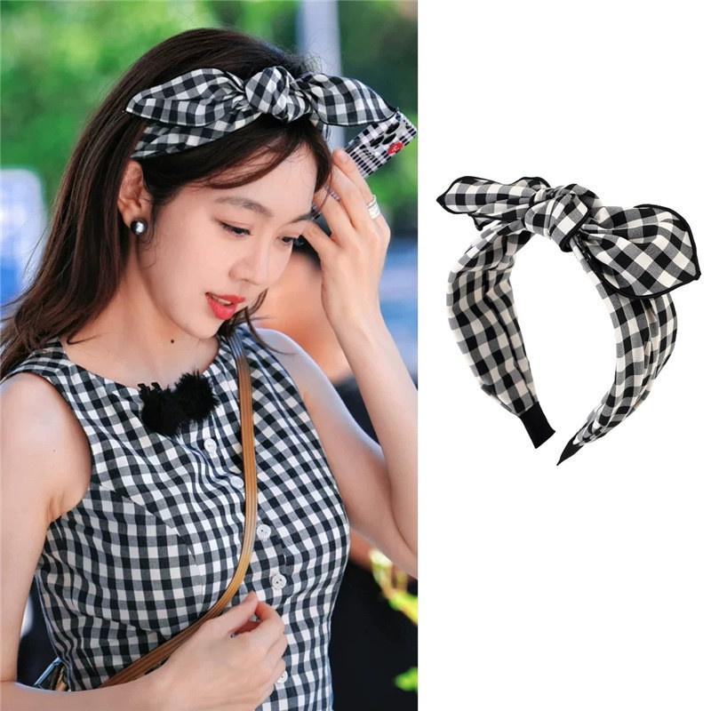 Women's White Black Plaid Headband with Center Bow Knot for Lady Girls Daily Casual Hair Hoop Accessories