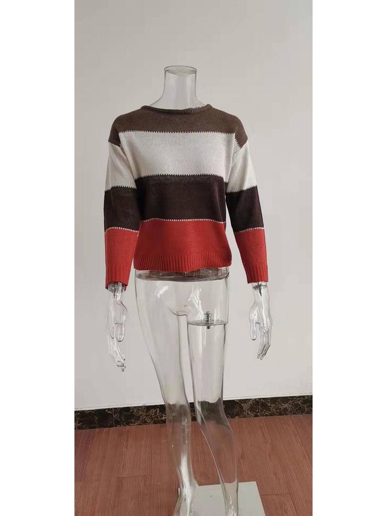2024 Women's Casual Striped Long Sleeve Knitted Pullover Sweater, Round Neck for Autumn and Winter